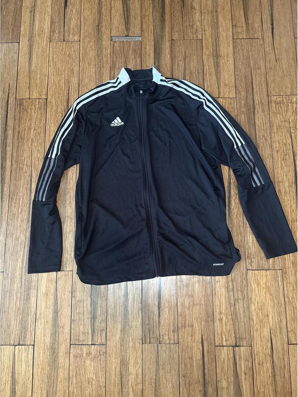 Adidas Men's 2XL Black Full Zip-Up Track Jacket with White Stripes